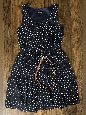 BCX Navy Polka Dot Sleeveless Dress with Tan Belt Accent